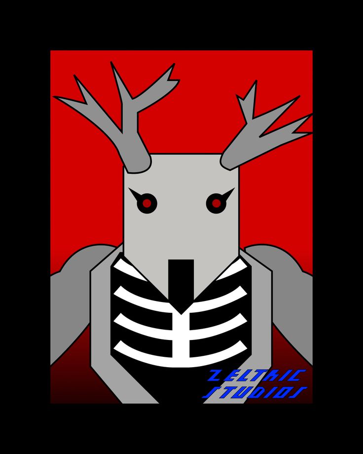 a stylized image of a deer with red eyes and antlers on it's head