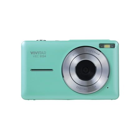 a blue digital camera sitting on top of a white surface