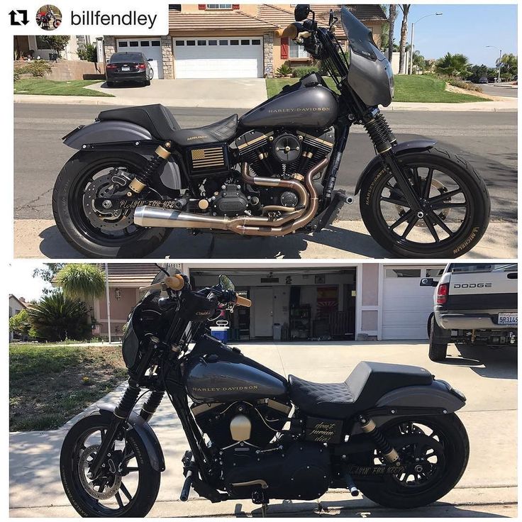 two pictures of a motorcycle parked in front of a house