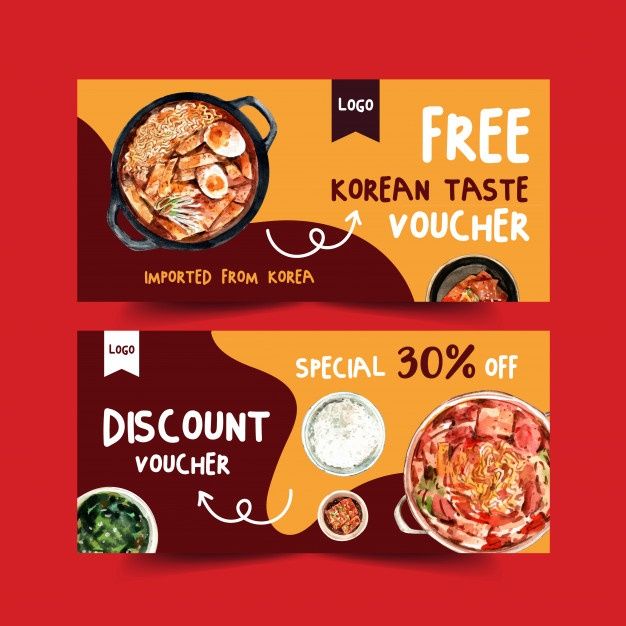 two coupons with different food items on red and yellow background, one is for discount voucher