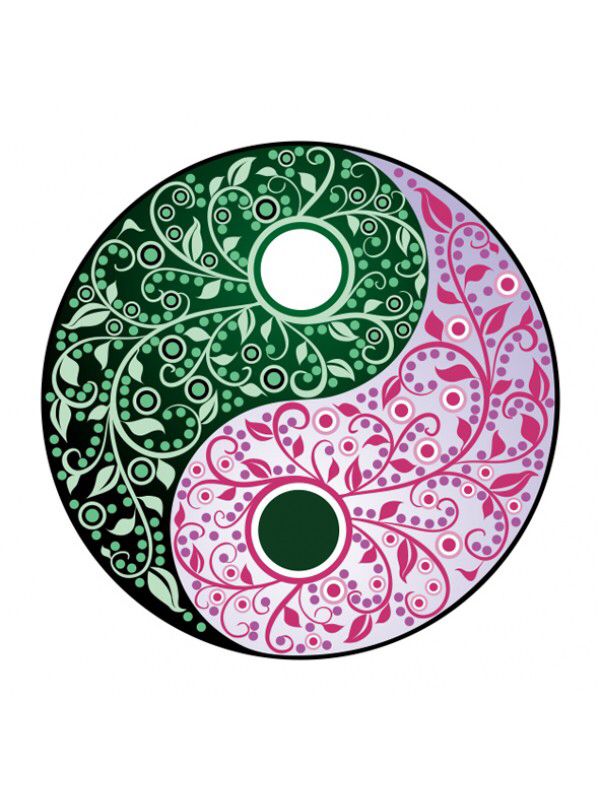 the yin yang symbol is painted in pink, green and white with swirls on it