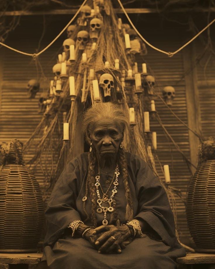 an old man sitting in front of a wall with skulls and chains on it's head