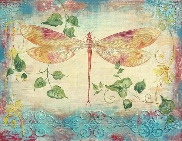 a painting of a dragonfly with leaves and vines on it's back side