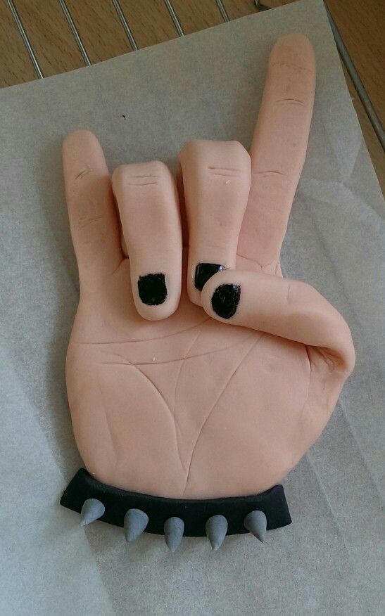 a cake made to look like a hand with two fingers