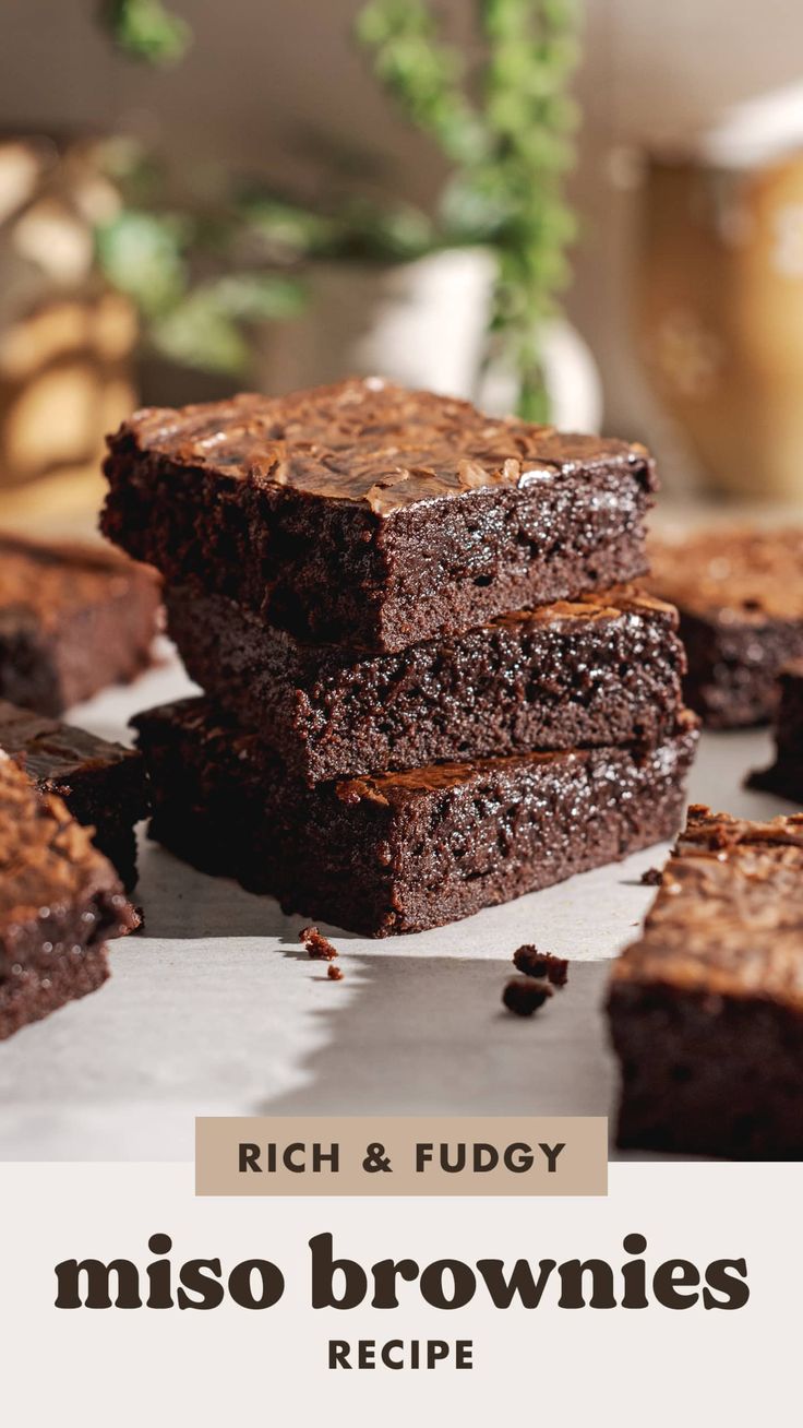 brownies stacked on top of each other with text overlay that reads rich & fudgy miso brownies recipe