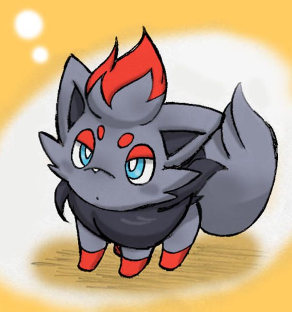 a drawing of a gray and red pokemon type animal with big blue eyes, standing in front of a yellow background