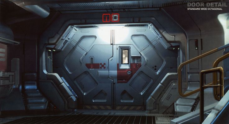 the interior of a sci - fi space station with stairs leading up to an exit