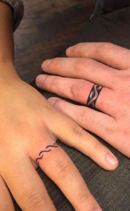 two people with wedding rings on their fingers, one has a wave tattoo on it