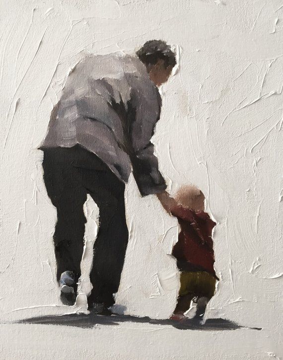 a painting of a man holding the hand of a child