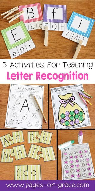 five activities for teaching letter recognition with pictures and text on the front, below them