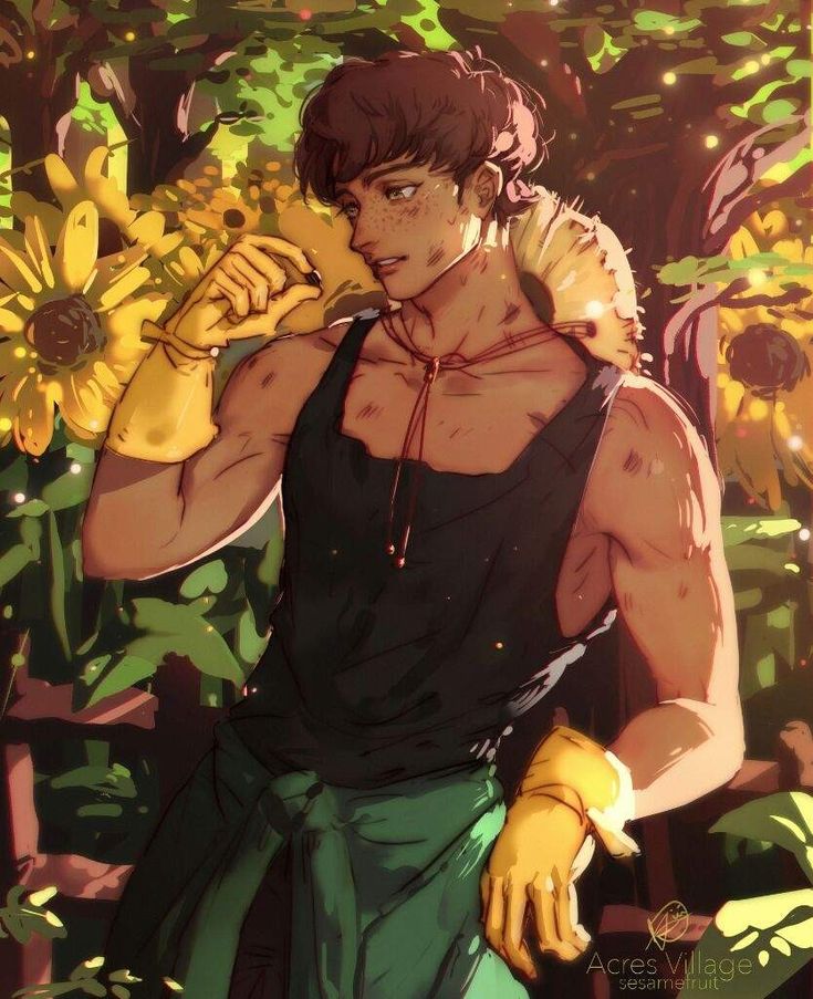 a young man standing in front of some sunflowers with his hand on his shoulder