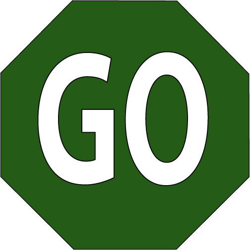 a green stop sign with the word go written in white on it's bottom corner