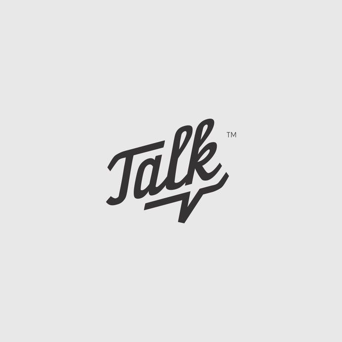 a black and white logo with the word talk written in cursive font on it