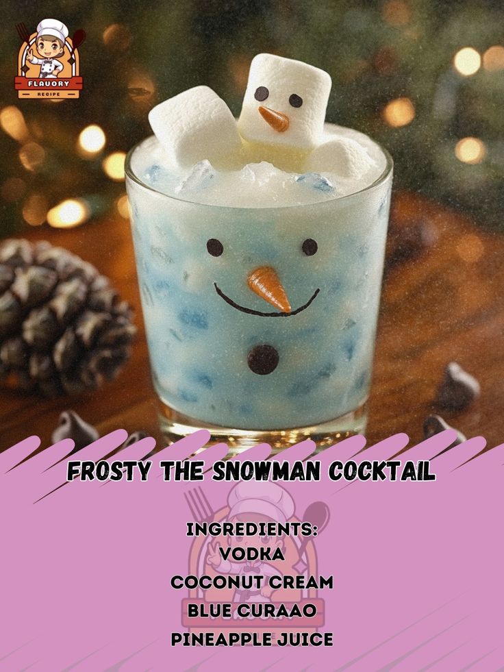 🎄✨ Get into the festive spirit with our Frosty the Snowman Cocktail! A delightful winter drink perfect for holiday celebrations. ❄️ Recipe: Frosty the Snowman Cocktail Ingredients: - 2 oz vodka - 1 oz coconut cream - 1 oz blue curaçao - 2 oz pineapple juice - Ice cubes - Marshmallows for garnish - Mini chocolate chips for garnish Instructions: 1. In a shaker, combine vodka, coconut cream, blue curaçao, and pineapple juice. 2. Add ice cubes and shake well until chilled. 3. Strain the mixtur... Frosty The Snowman Cocktail, Snowman Drink, Snowman Cocktail, Fun Christmas Drinks, Christmas Cocktails Vodka, Vodka Blue, Juice Ice Cubes, Cocktail Pitcher, Winter Drink