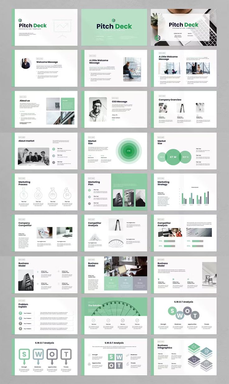 the green and white powerpoint presentation is displayed on top of each other, with many different