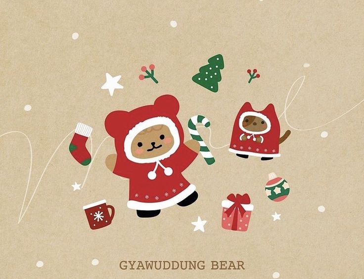 a christmas card with two teddy bears in sweaters and mittens, one holding a candy cane