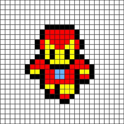 an image of a pixel style character in red, yellow and blue