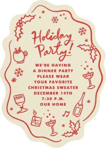 the holiday party flyer is shown in red and white, with christmas decorations on it