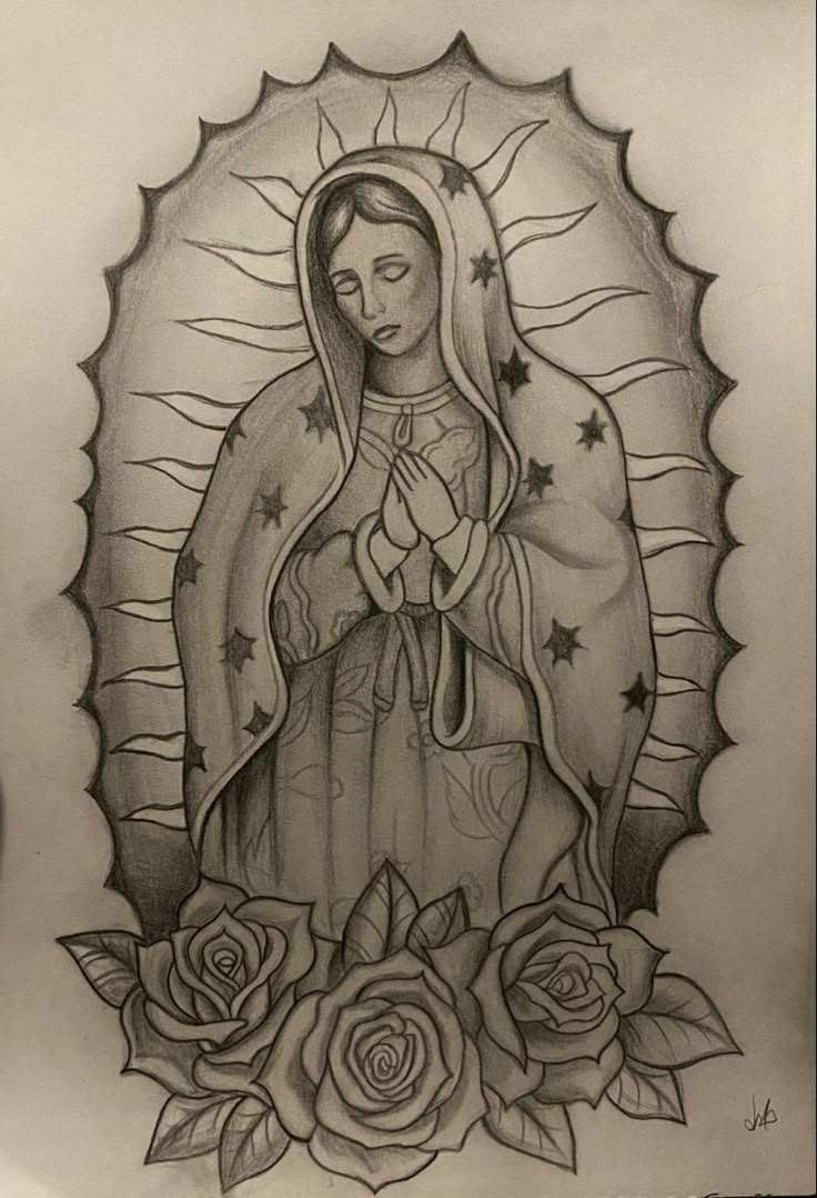 a drawing of the virgin mary with roses