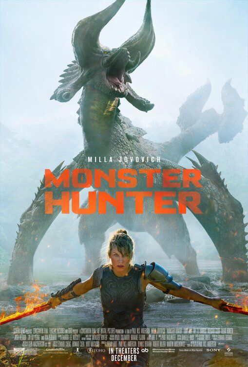 a movie poster for the film monster hunter with a woman standing in front of an enormous godzilla