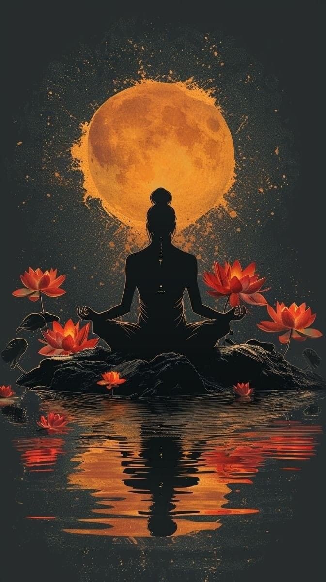 a woman sitting in the middle of water with lotuses on her feet and a full moon behind her