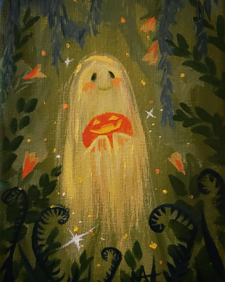 a painting of a ghost in the middle of some plants and trees with butterflies around it