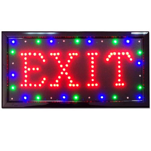 an exit sign is lit up with colorful lights and the word exit spelled in large letters