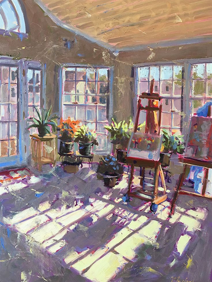 a painting of an artist's studio with easel, chair and potted plants