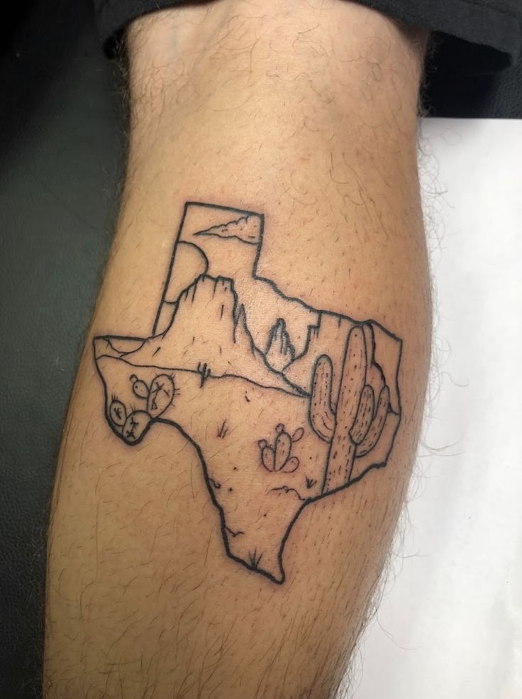 a man with a tattoo on his leg that has a map of the state of texas