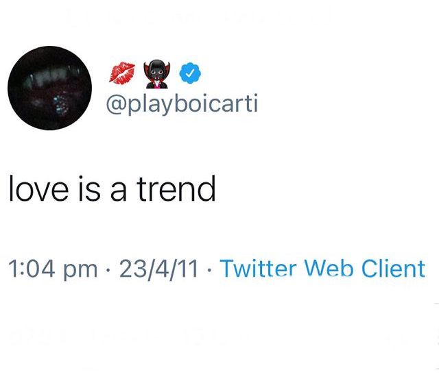 a twitter post with the words love is a trend written on it and an image of a woman's face