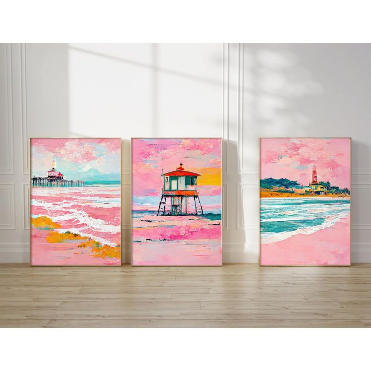 three colorful paintings on the wall in an empty room with wood flooring and white walls