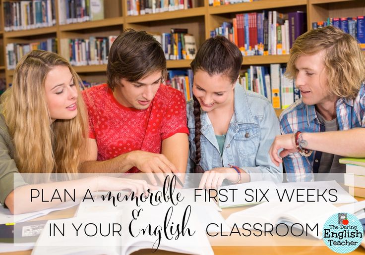 three students are looking at an open book in the library with text overlay that reads plan a medical first six weeks in your english classroom