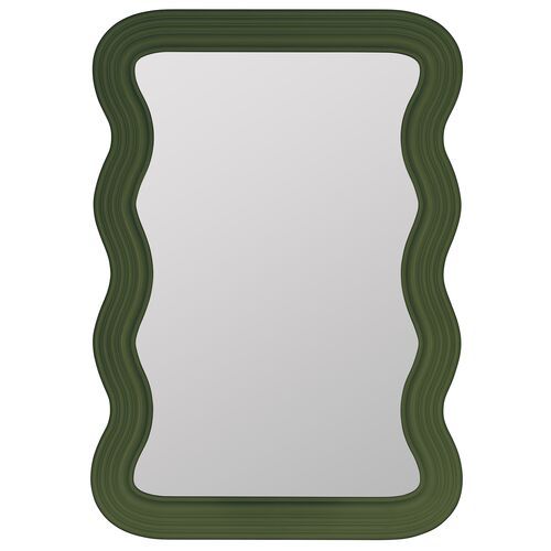 a green framed mirror with wavy lines on the edges and bottom, against a white background