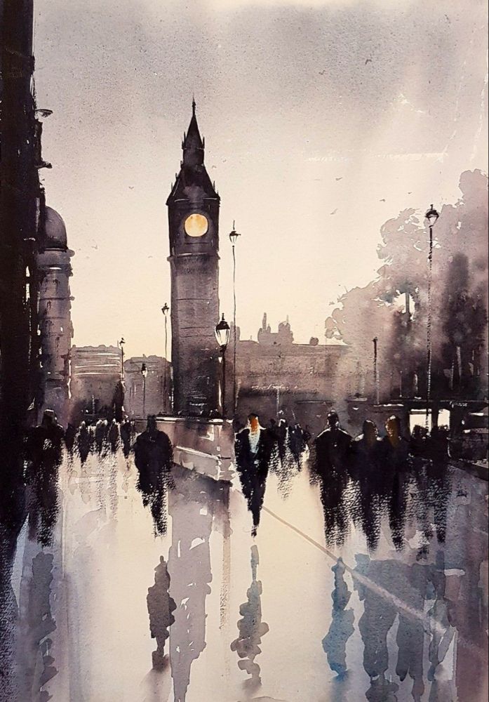 a painting of people walking in the rain with a clock tower in the back ground