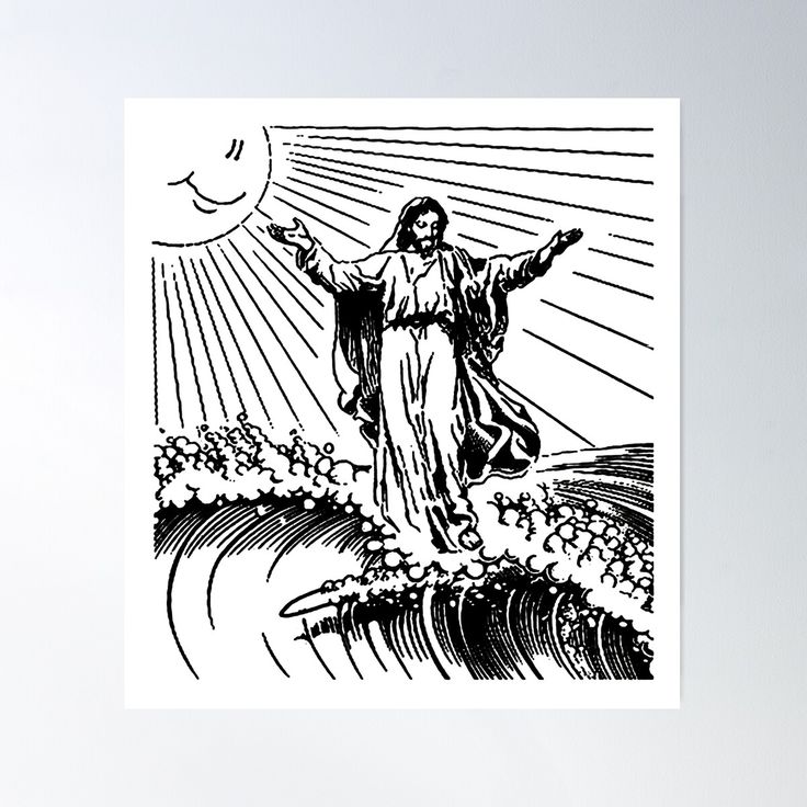 a black and white drawing of jesus standing on top of a wave