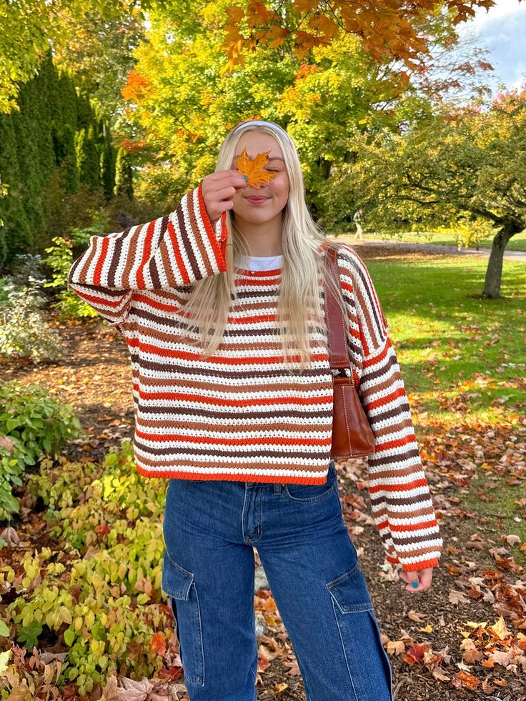 Striped Bell Sleeve Sweater Stripe Crochet Sweater, Striped Crochet Sweater, Striped Sweater Outfit, Crochet Sweater Design, Stripe Crochet, Sweater Boho, Crochet Sweaters, Boho Pink, Crochet Fall