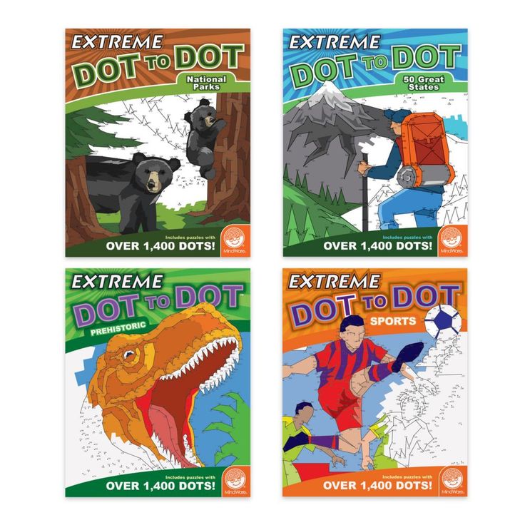 four books about extreme dot to dot with an image of a dinosaur and other animals