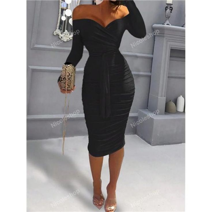 -Item Id 35314160 -Details: Belted, Ruched, Wrap -Neckline: Off The Shoulder -Sleeve Type: Regular Sleeve -Style: Elegant -Type: Bodycon -Waist Line: High Waist -Hem Shaped: Pencil -Color: Black -Pattern Type: Plain, All Over Print, Textured Pattern -Sleeve Length: Long Sleeve -Fit Type: Slim Fit -Length: Midi -Material: Fabric -Composition: 95% Polyester, 5% Elastane -Care Instructions: Machine Wash, Do Not Dry Clean -Sheer: No -Fabric: Medium Stretch -Pockets: No **Open To Offers!!!** **Bundle Black Evening Gowns Elegant Classy, Winter Bday Dress, Fall Party Off Shoulder Midi Dress, Black Ruched Off Shoulder Dress For Evening, Black Ruched Off Shoulder Evening Dress, Chic Black Ruched Off-shoulder Dress, Black Off-shoulder Knee-length Dress For Date Night, Black Fitted Off-shoulder Dress For Date Night, Black Fitted Off Shoulder Dress For Date Night