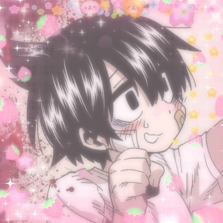 an anime character with black hair and pink eyes holding his hand up to his face