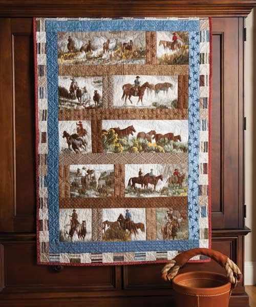 a quilt hanging on the side of a wooden cabinet