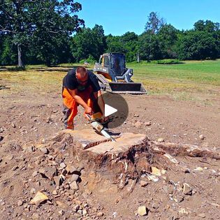 a man is using a saw to cut down a tree stump