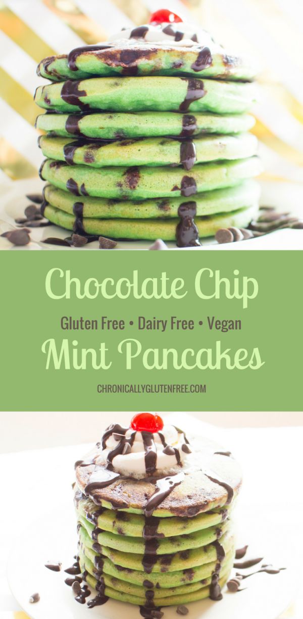 chocolate chip mint pancakes stacked on top of each other with the title overlay reading chocolate chip gluten free dairy - free vega mint pancakes