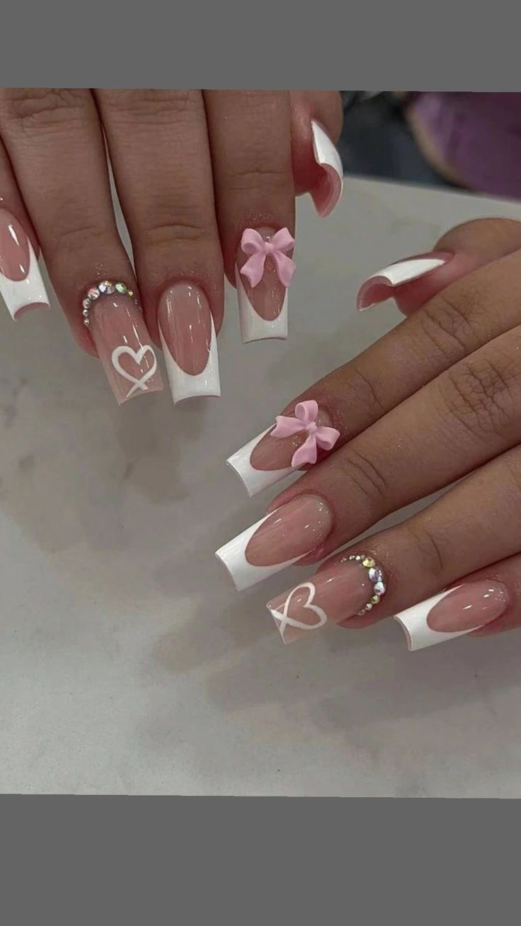 Latina Nail Ideas, Uñas Coquette, Bow Nail Designs, Girly Nails, Bow Nails, December Nails, Cute Simple Nails, Nagel Tips, Girly Acrylic Nails