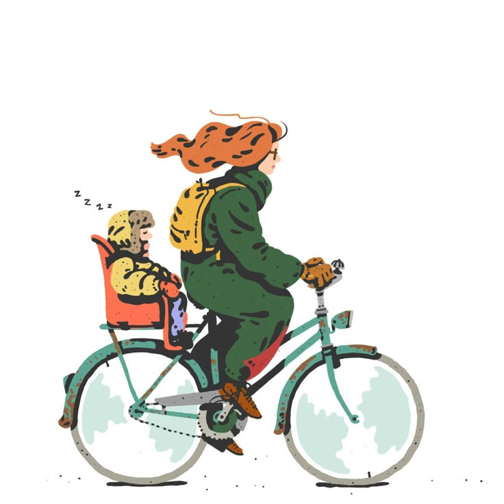 a drawing of a woman riding a bike with a child on the back and an adult sitting in a stroller behind her