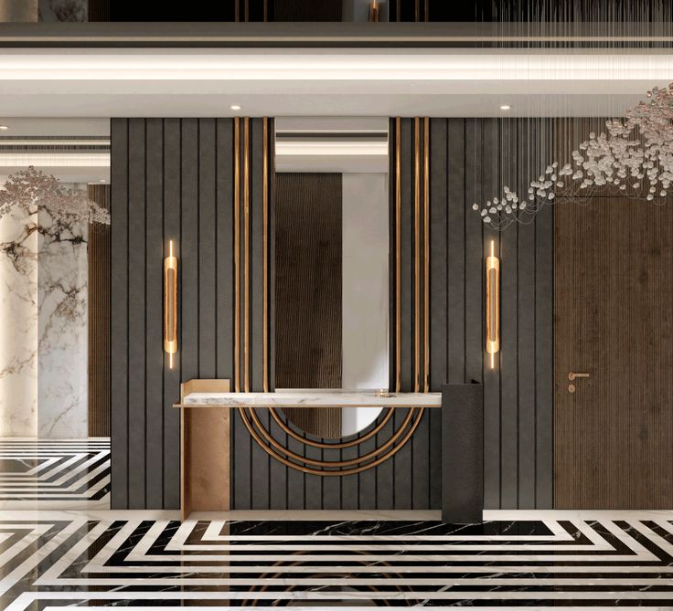 an art deco bathroom with marble floors and gold trimmings on the doors, chandeliers and mirrors