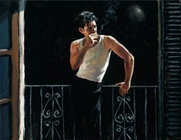 a painting of a man standing on a balcony with his hand to his mouth and looking out the window