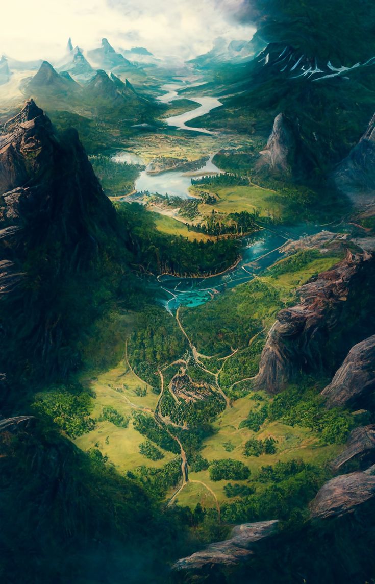 an artist's rendering of a landscape with mountains and rivers