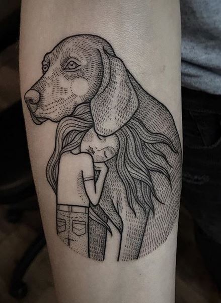 a woman and her dog tattoo on the arm