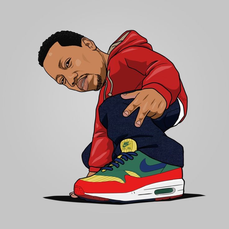 a drawing of a man in red shirt and blue pants sitting on top of a shoe