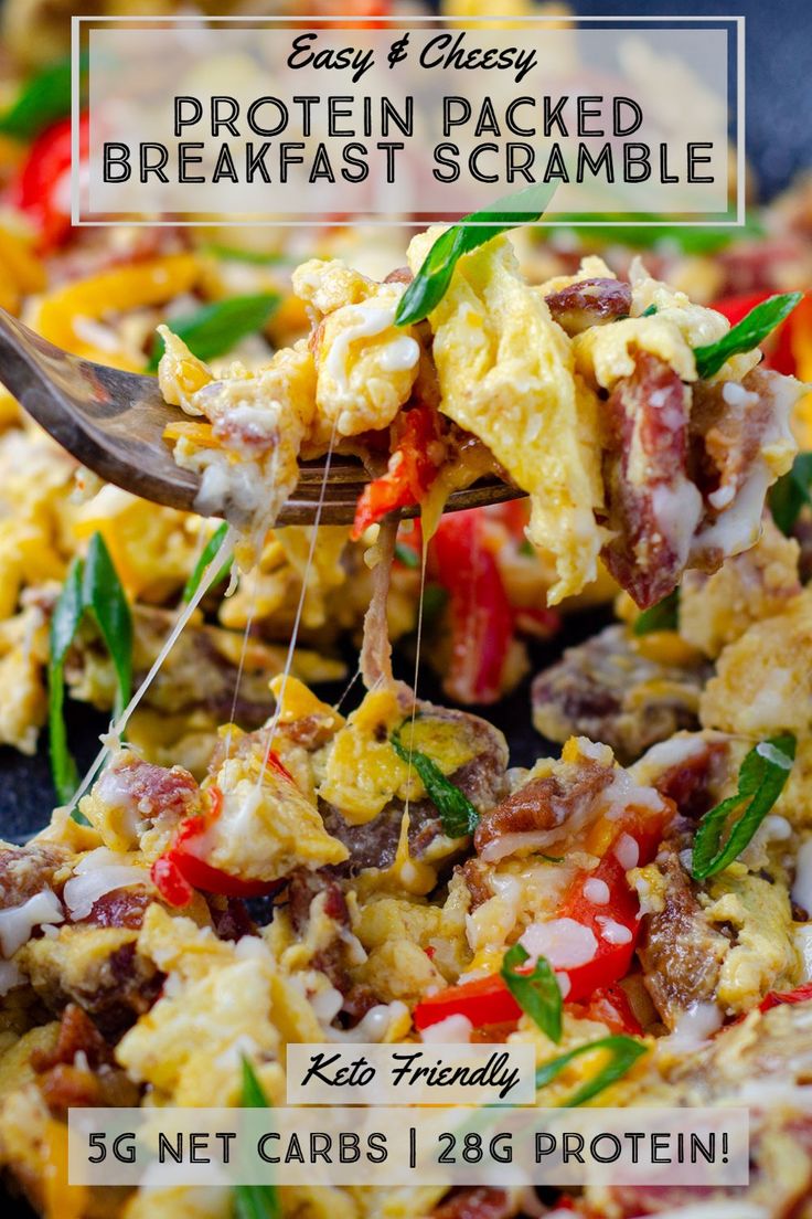 a close up of a plate of food with a fork in it and the words easy & cheesy protein packed breakfast scramble